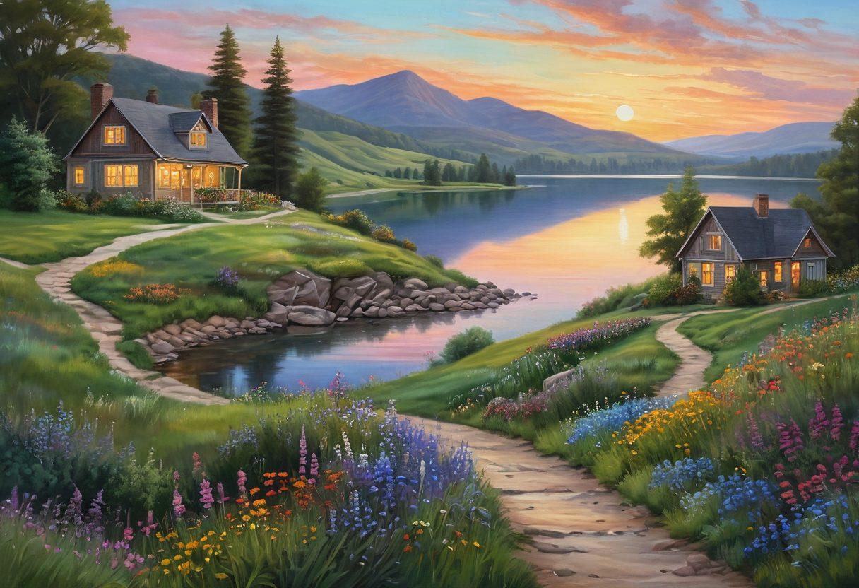 A serene landscape depicting a winding path through lush, green hills transitioning from vibrant elation with colorful wildflowers to a tranquil point of contentment featuring a cozy cottage by a calm lake at sunset. In the foreground, a person joyfully skipping along the path, reflecting a journey of emotional transformation. soft pastel colors. tranquil atmosphere. painting.