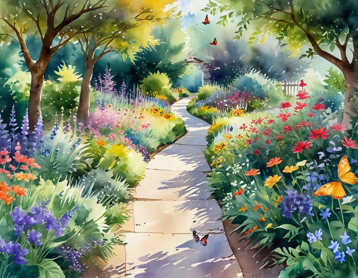A serene pathway winding through a vibrant garden filled with colorful flowers and gentle sunlight filtering through leaves, symbolizing the pursuit of happiness. Show a joyful person walking along the path, surrounded by butterflies and birds, conveying a sense of cheerfulness and abundance. The scene should evoke tranquility and positivity. watercolor style. bright colors. ethereal atmosphere.