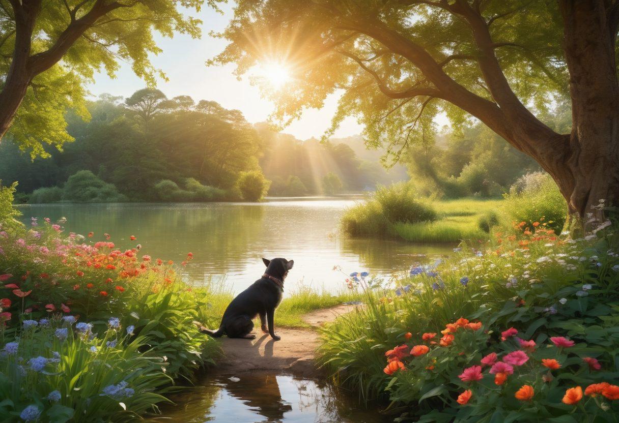 A serene landscape depicting a person joyfully embracing nature, surrounded by lush greenery and blooming flowers, symbolizing happiness and simplicity. Sunlight filters through the trees, casting a warm glow, while a gentle breeze creates rippling effects on a nearby tranquil lake. A playful dog and butterflies add to the sense of carefree joy. The image should evoke warmth, peace, and contentment. vibrant colors. super-realistic.